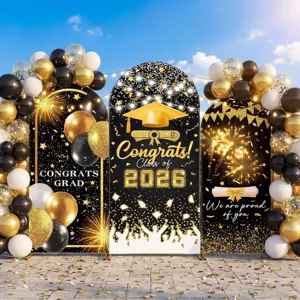 Großes schwarz-goldenes Abschluss-Bogen-Hintergrund-Set mit Ballons für Partydeko 2026.
