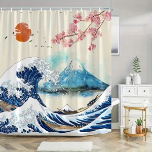 Japanischer Duschvorhang mit Wellenprint, Berg Fuji und Kirschblüten für das Bad.