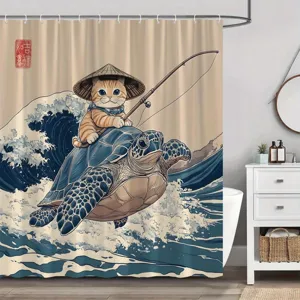 Japanischer Duschvorhang mit Katze auf Schildkröte, Ukiyo-e-Stil, Wellenmotiv
