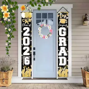 Black and gold graduation porch banners with Class of 2024 and Congrats Grad text