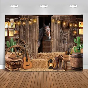 Western Cowboy Achtergrond Retro Schuur Houtnerf Fotografie Achtergrond Voor Wild West Feest Decoratie Polyester Wandkleed