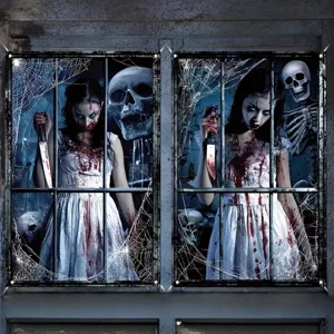 Gruselige Halloween-Fensterabdeckungen mit blutigem Geistermädchen und Skeletten
