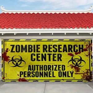 Large Halloween garage door banner with Zombie Research Center blood-stain design