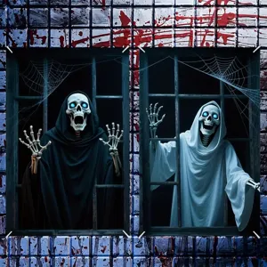 Gruselige Halloween-Fensterabdeckung mit Kapuzenskeletten und roten Blutspritzern