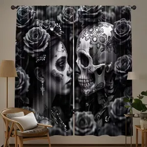 Gothic skull and rose curtains for Halloween party atmosphere and spooky home decoration.