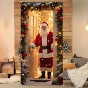 Christmas Door Curtain Santa Claus Snowman Gingerbread Man Printed Polyester Porch Hanging Banner For Holiday Decor