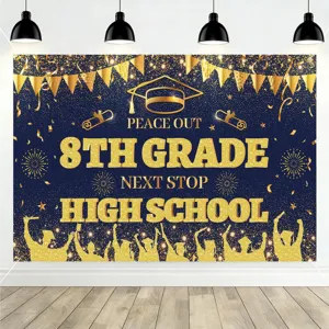 Peace Out 8th Grade graduation backdrop in navy blue and gold for party decorations