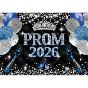 Πολυτελές φόντο φωτογραφίας Prom 2026 με μπλε διαμάντια και ασημένιο στέμμα
