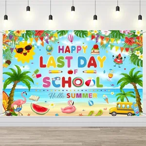 Colorful Last Day of School and Summer party backdrop banner with beach theme design