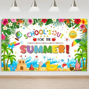 Ζωντανό φόντο School's Out for the Summer με θέμα τροπική παραλία και καλοκαιρινό πάρτι
