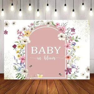Floral "Baby in Bloom" backdrop for baby showers and party celebrations