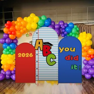 Regenboog ballonboog met ABC 2026 afstudeerthema gebogen achtergrondcovers voor feestjes