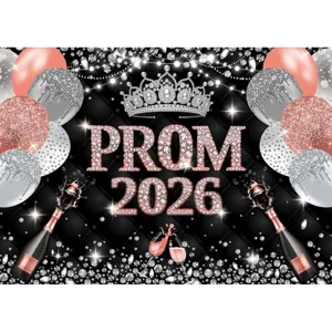Φόντο φωτογραφίας Prom 2026 σε ροζ χρυσό με μπαλόνια γκλίτερ και μια τιάρα χορού