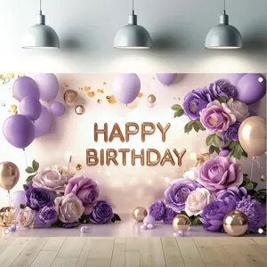 Banner sfondo compleanno floreale viola con palloncini e testo dorato Happy Birthday