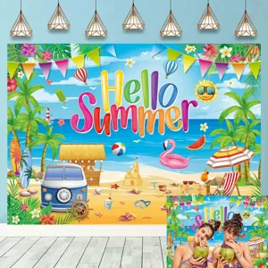 Sfondo spiaggia tropicale Hello Summer per feste con palme e sole, decorazione vivace.