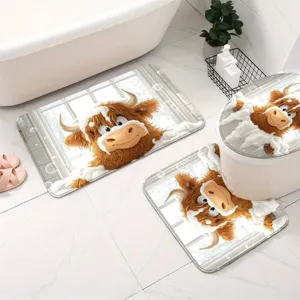 Juego de baño de vaca de las Highlands con alfombrillas y funda de inodoro