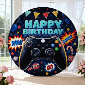 Round gaming birthday backdrop cloth, perfect for party photo decoration and events.