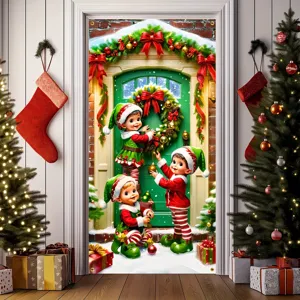 Festive Christmas door banner with cartoon elves decorating a wreath pattern for decor.