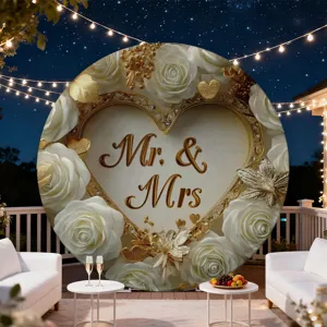 Romantische witte roos ronde bruiloft achtergrond met gouden Mr & Mrs tekst voor decoratie