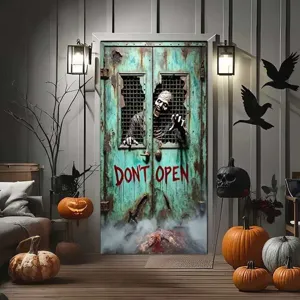 Halloween zombie door cover decoration with red Don't Open warning sign for party setup