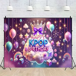 Fondo de fiesta cumpleaños K-Pop violeta con corona estrellas y globos festivos