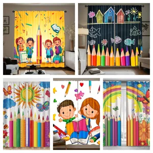 Cartoon Rainbow Pencil Children Bedroom Curtains Back To School Theme Printed Living Room Window Decoration Panels