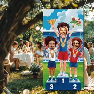 Kinderparty Fotohintergrund Sportpodest mit drei Gesichtsausschnitten für tolle Fotos