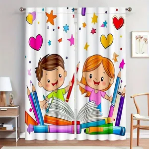 Cartoon boy and girl school theme printed curtains with rainbow pencils for kids room