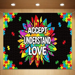 Autism Awareness photography backdrop featuring a colorful sunflower puzzle design and text
