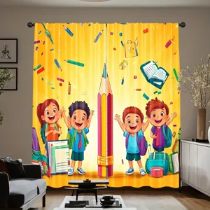 Vibrant yellow cartoon school theme curtain featuring pencils and happy children for kids bedroom