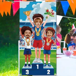 Farbenfroher Foto-Hintergrund mit Siegertreppe für Kinder-Sportpartys und Dekoration