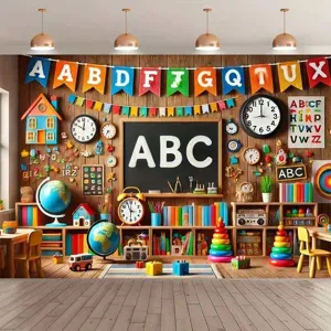 Φόντο φωτογραφίας Back to School με στοιχεία σχολικής τάξης και πανό με αλφάβητο