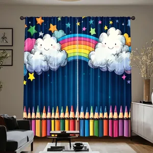 Vibrant cartoon curtains for kids' bedroom featuring rainbow and colorful pencil design