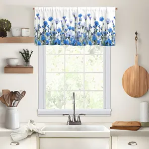 Pastoral Fresh Blue Cornflower Floral Window Valance Polyester Rod Pocket Kitchen Curtain Cafe Decor White Digital Printing Curtain
