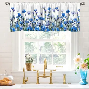 Pastoral style floral kitchen valance with blue cornflower pattern window decor