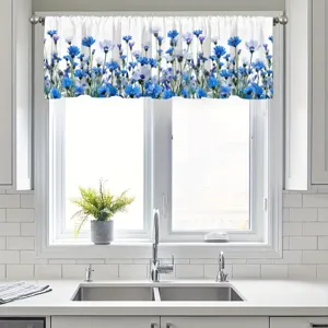 Pastoral style floral kitchen valance curtain with blue wildflower pattern on white fabric.