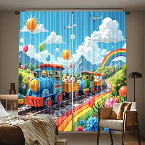 Gekleurde cartoon treingordijnen voor de kinderkamer met zon regenboog en ballonnen