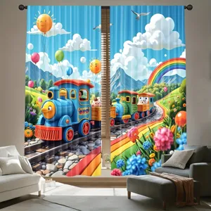 Kleurrijke cartoon trein gordijnen voor de kinderkamer en kleuterschool raamdecoratie.
