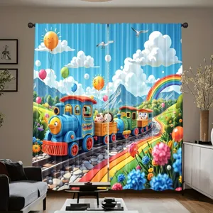 Levendige gordijnen met cartoon trein en regenboog voor kinderkamer en peuterspeelzaal.