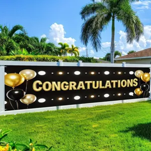 Large black and gold congratulations banner with balloon prints for outdoor yard decoration