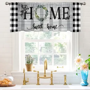 Farmhouse black and white buffalo plaid kitchen valance with HOME Sweet home text