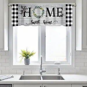 Farmhouse black and white buffalo check kitchen valance with Home Sweet Home theme print