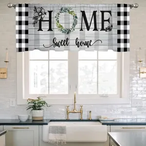 Farmhouse kitchen window valance with Home Sweet Home text and buffalo plaid