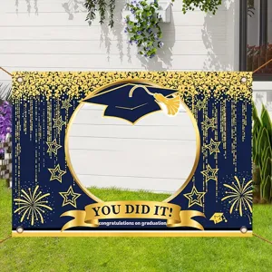 Blauwe en gouden afstudeer photobooth achtergrond met uitsparing voor feest decoratie