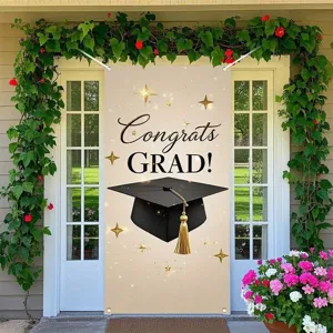 Graduation party banner porch decoration with congrats grad text and mortarboard