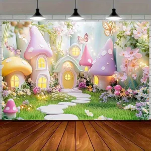 Sfondo a tema foresta casa fungo fiabesco per fotografia di festa di compleanno bambini