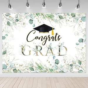 Graduation photography backdrop green eucalyptus leaves gold glitter graduation hat booth