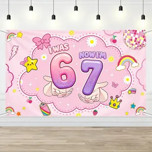 Kids 7th birthday party photography backdrop pink cartoon theme banner cute photo studio props