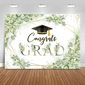 Graduation photography backdrop green leaves gold geometric design for graduation party photo booth