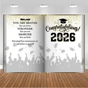 Fond de Photographie Promo 2026 Saison des Diplômes Forme de Livre Félicitations Poudre d'Or Décoration Fête de Remise de Diplômes